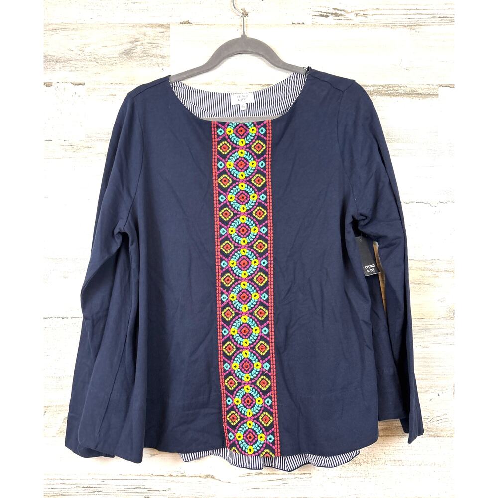 Crown & Ivy Womens M Navy Blue Embroidered Boho Long Sleeve Blouse NEW